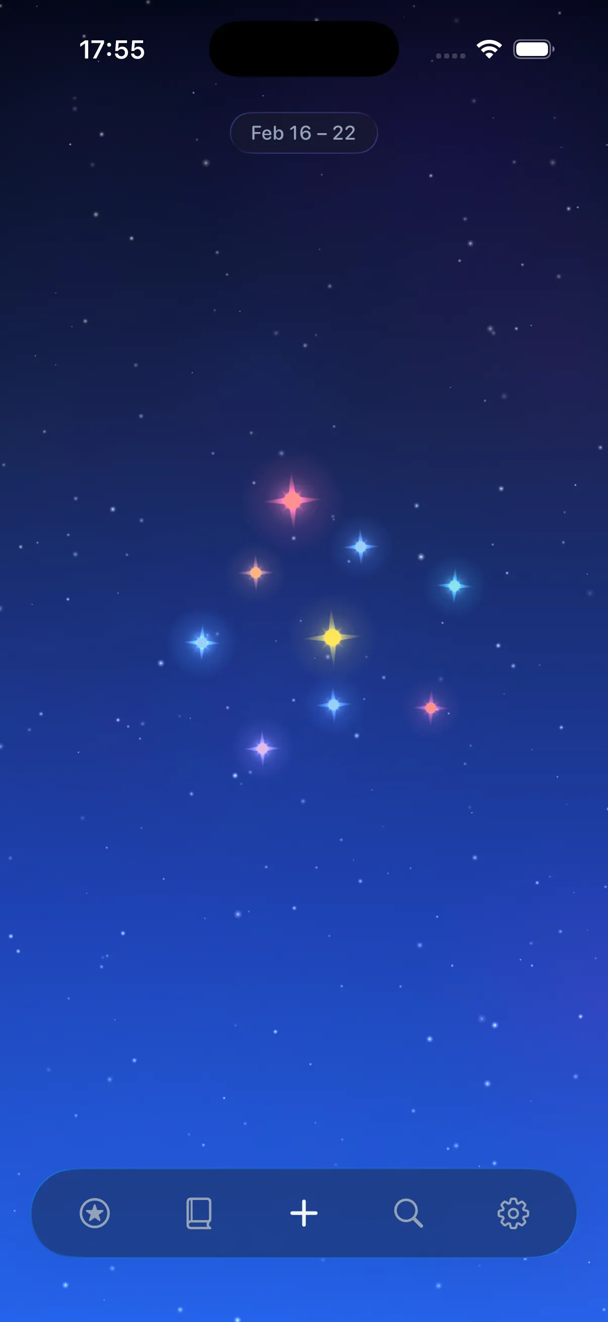 Nightbook constellation view showing journal entries as stars