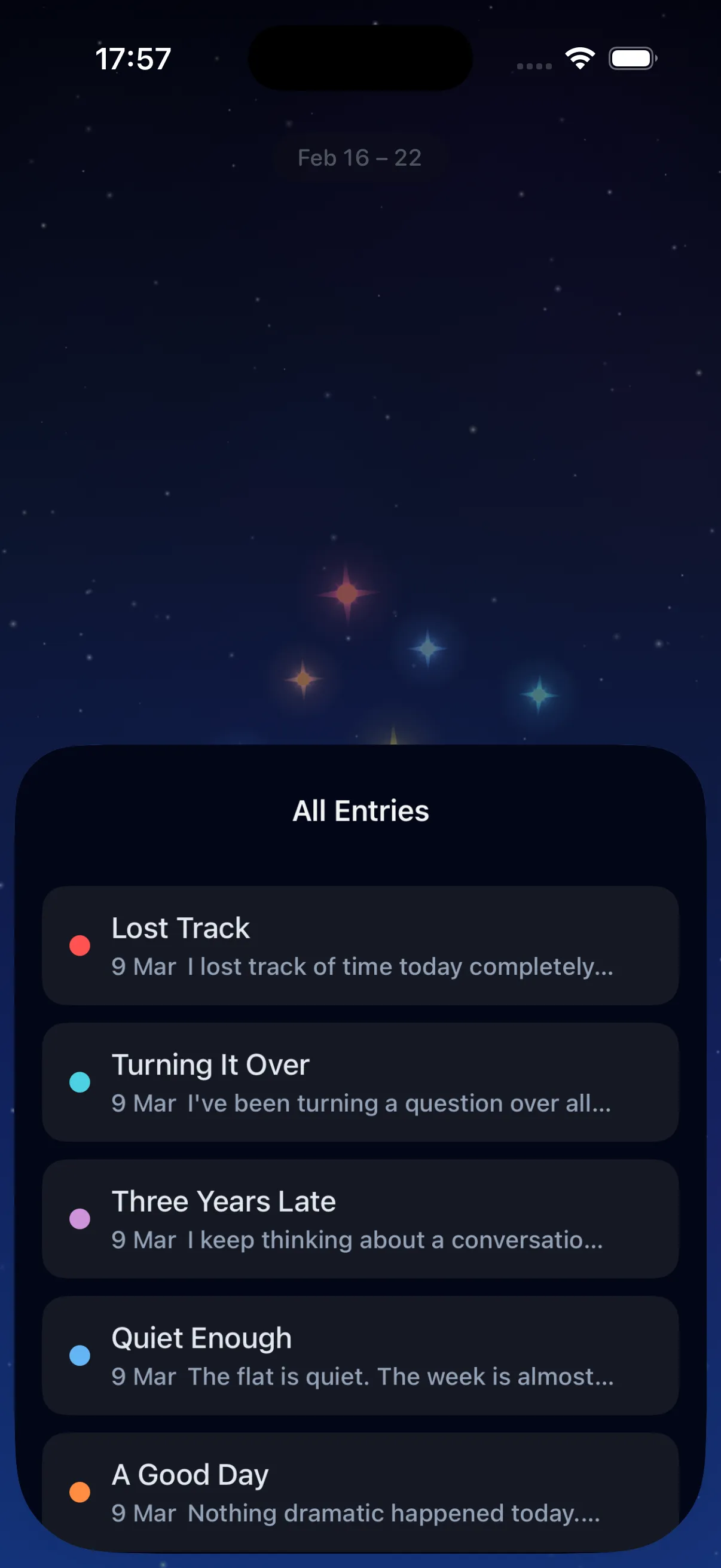 All entries list with mood colours and previews